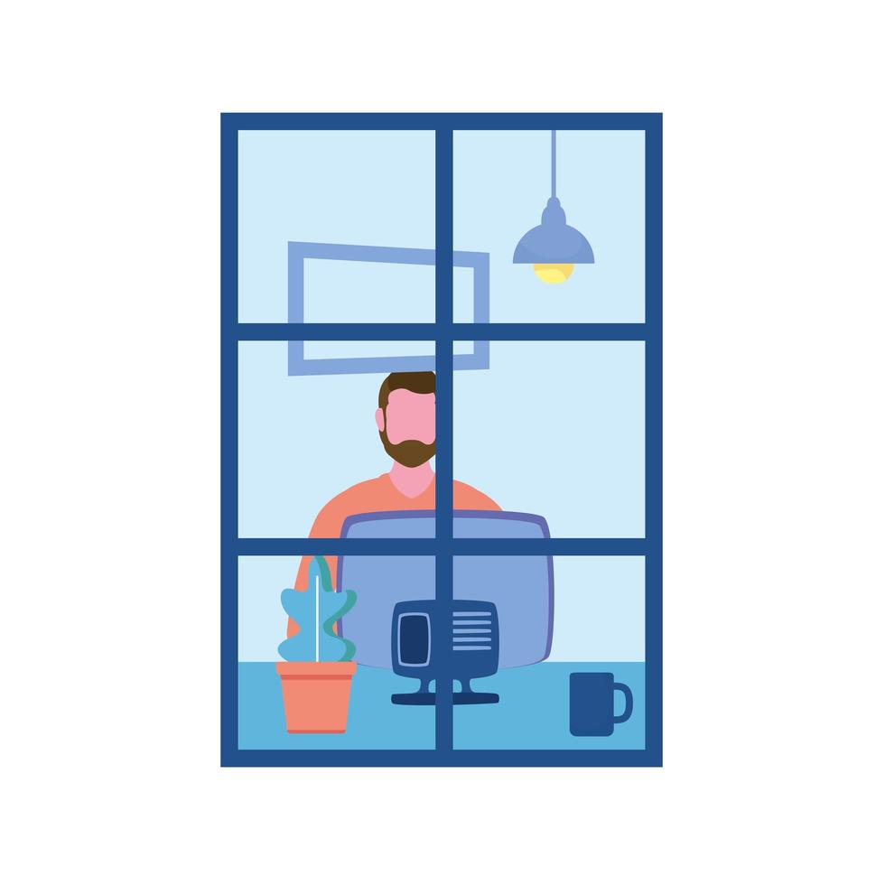 hombre con laptop en diseño vectorial de ventana vector