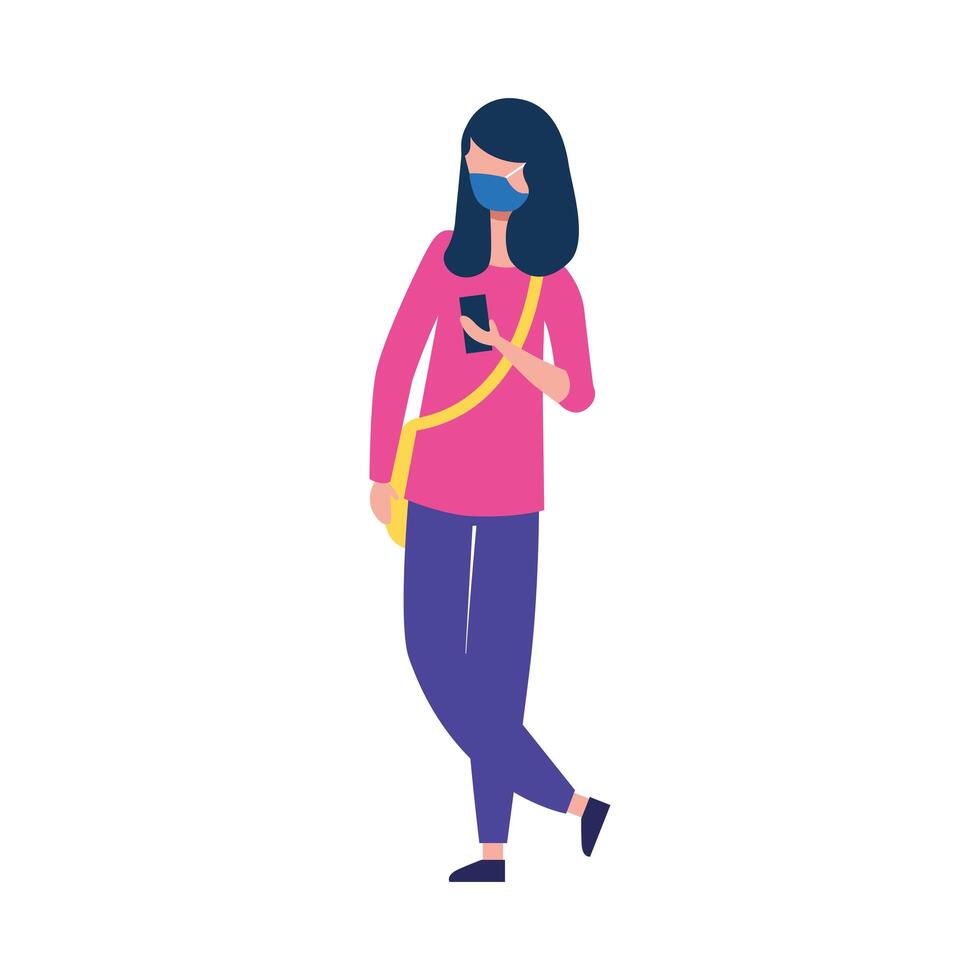Woman with medical mask and smartphone vector design