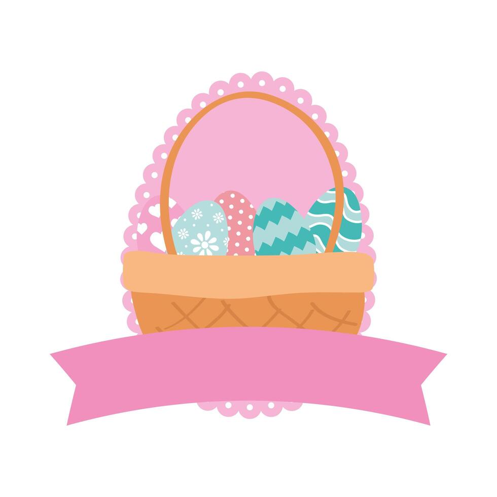 happy easter eggs painted in basket vector