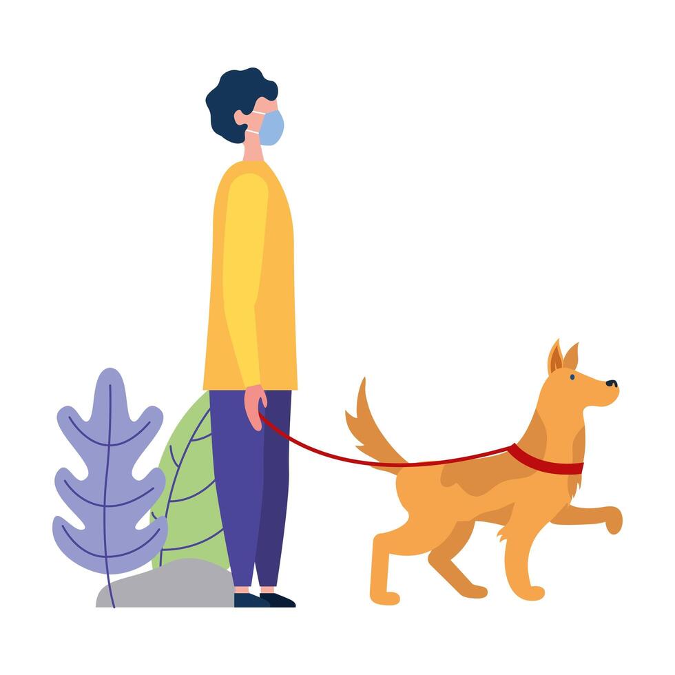 Hombre con máscara médica y diseño de vector de perro