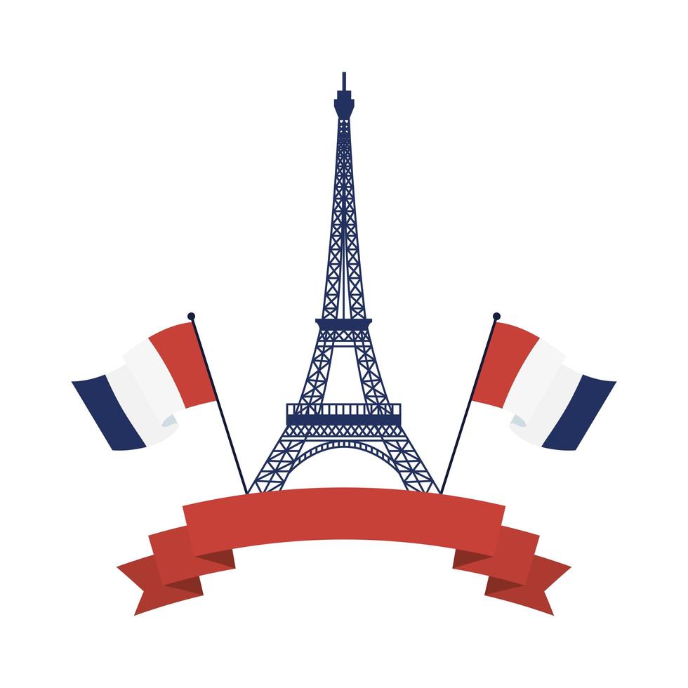 torre eiffel, francia, banderas, y, cinta, vector, diseño vector