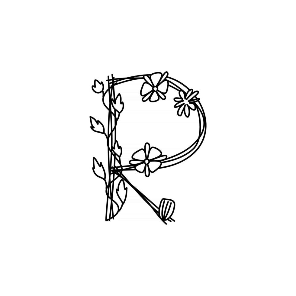 Vintage floral bold Letter R logo spring. Classic Summer Letter Design Vectors with Black Color and Floral Hand Drawn with monoline line flowers