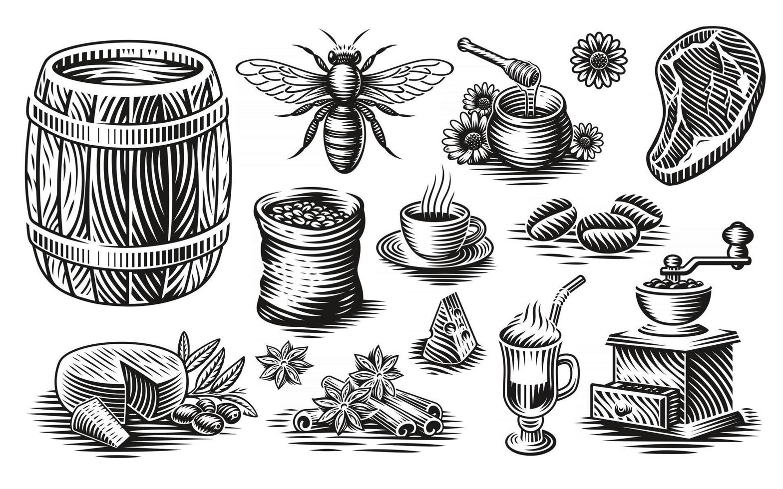 A set of black and white vector illustrations of different kinds of food