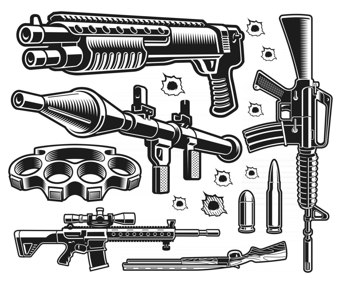 un conjunto de ilustraciones de armas vectoriales en blanco y negro vector