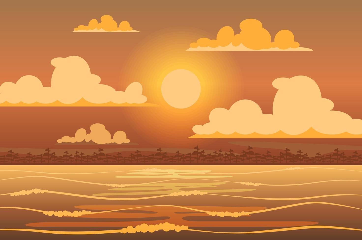 Sun shining over tropical island landscape background in flat style vector