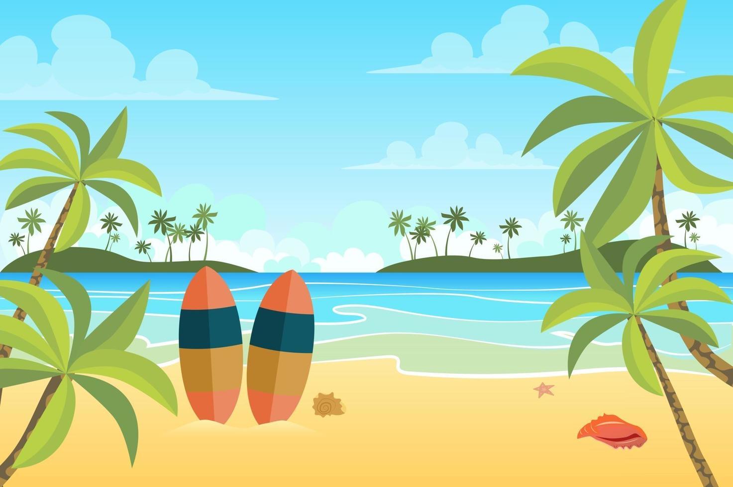 Playa tropical con fondo de paisaje de tablas de surf en estilo plano vector