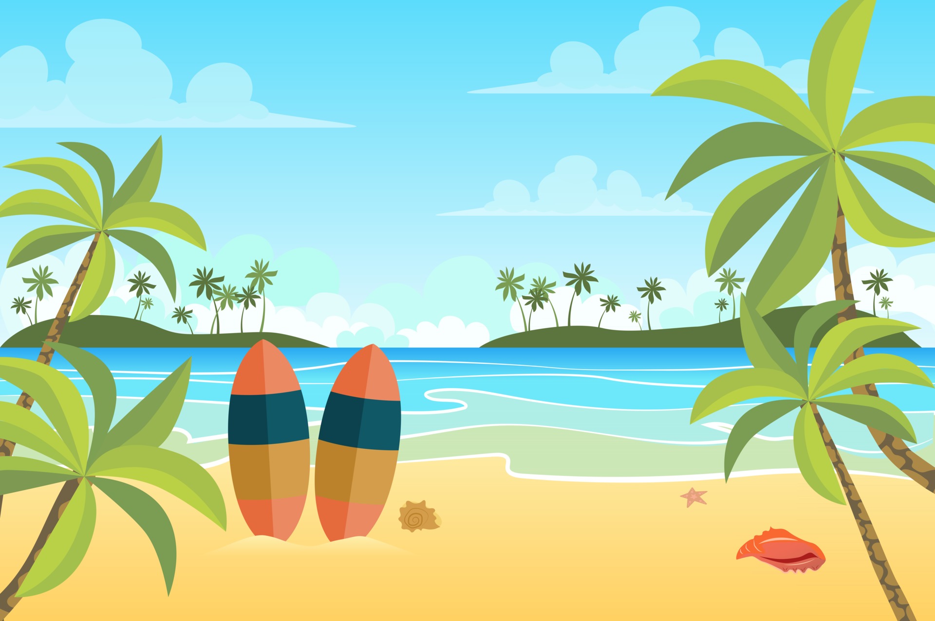 Tropical beach with surfboards landscape background in flat style ...