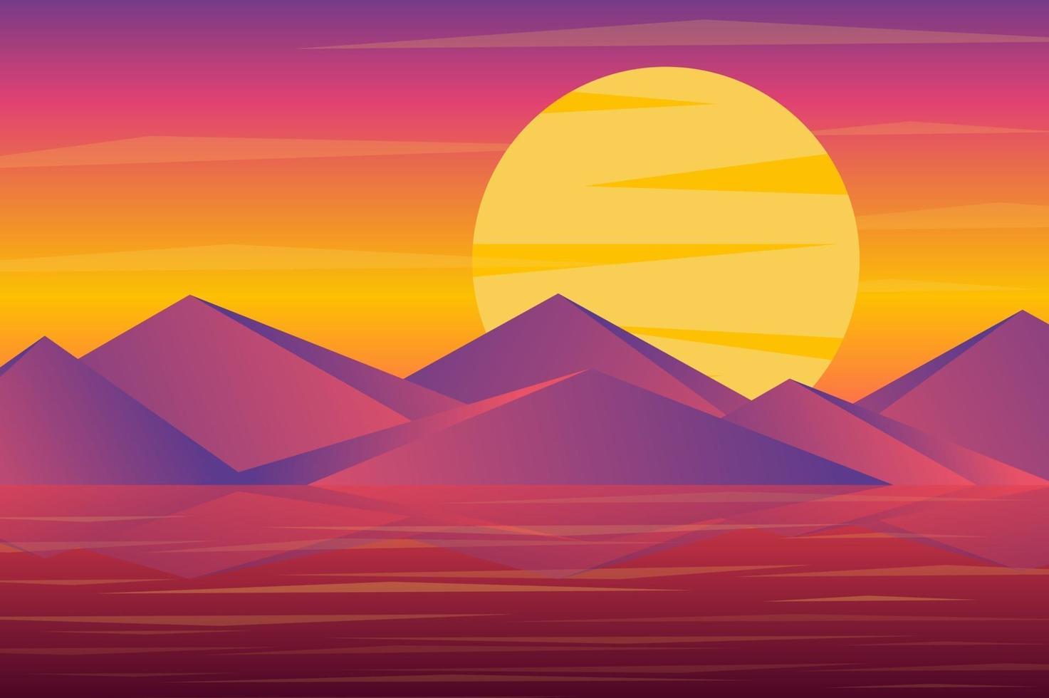 Sunset over mountains peaks landscape background in flat style vector