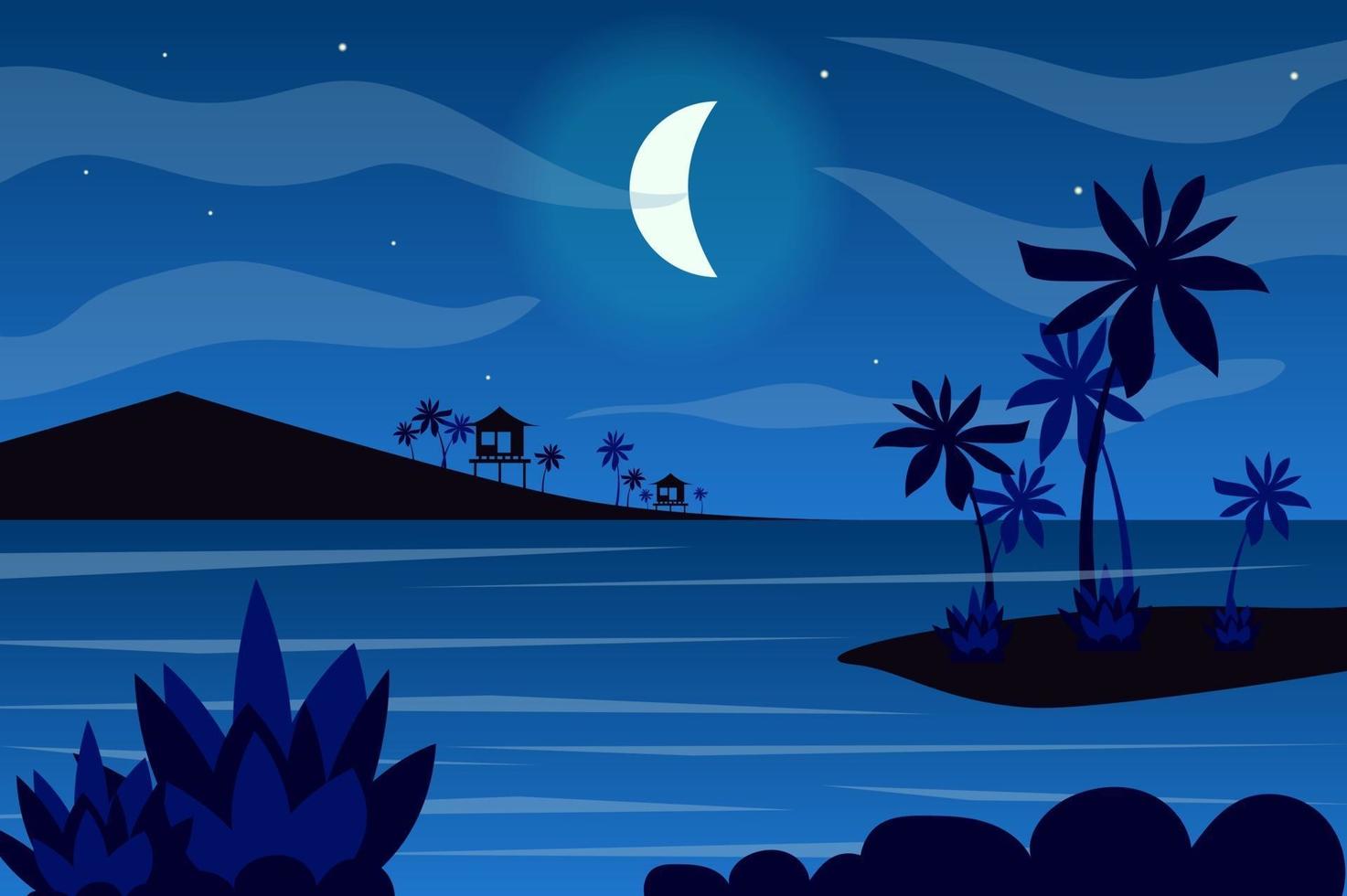 Moon over tropical islands landscape background in flat style vector