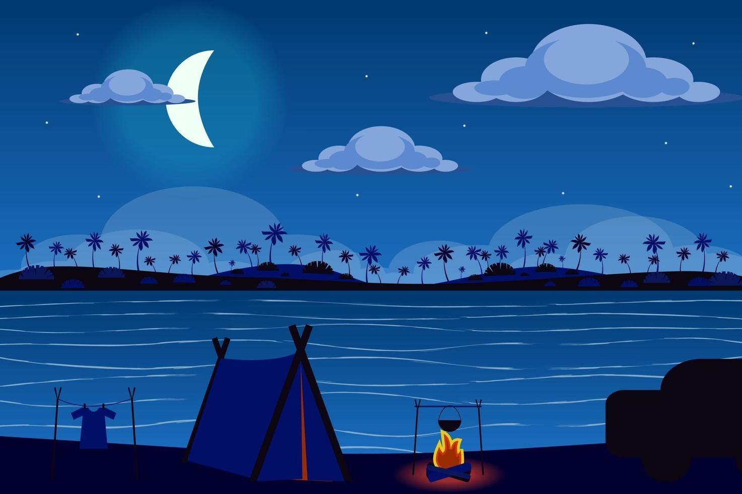 Tent on shore of tropical island at night landscape background in flat style vector