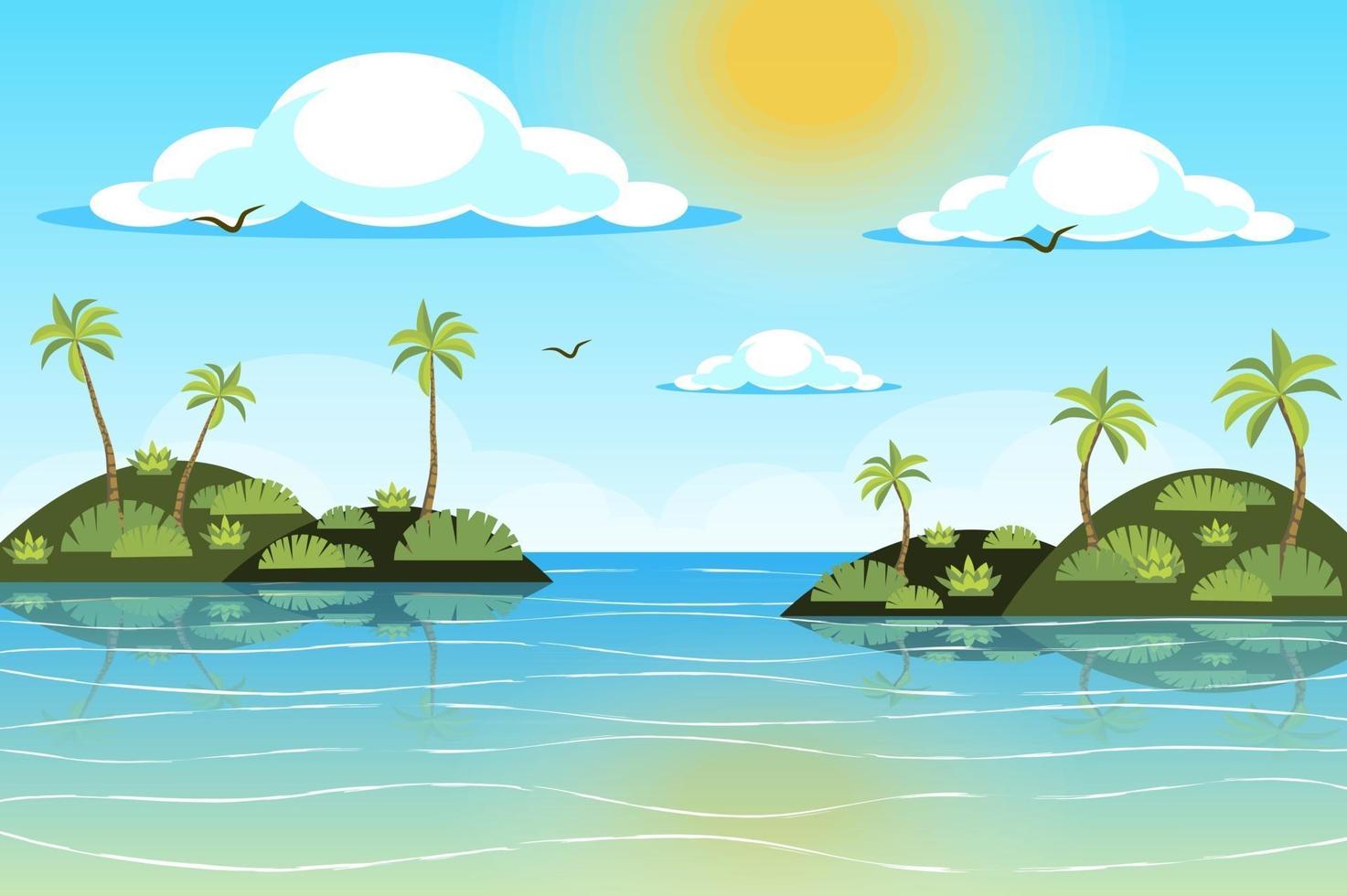 Sun shines over tropical islands landscape background in flat style vector