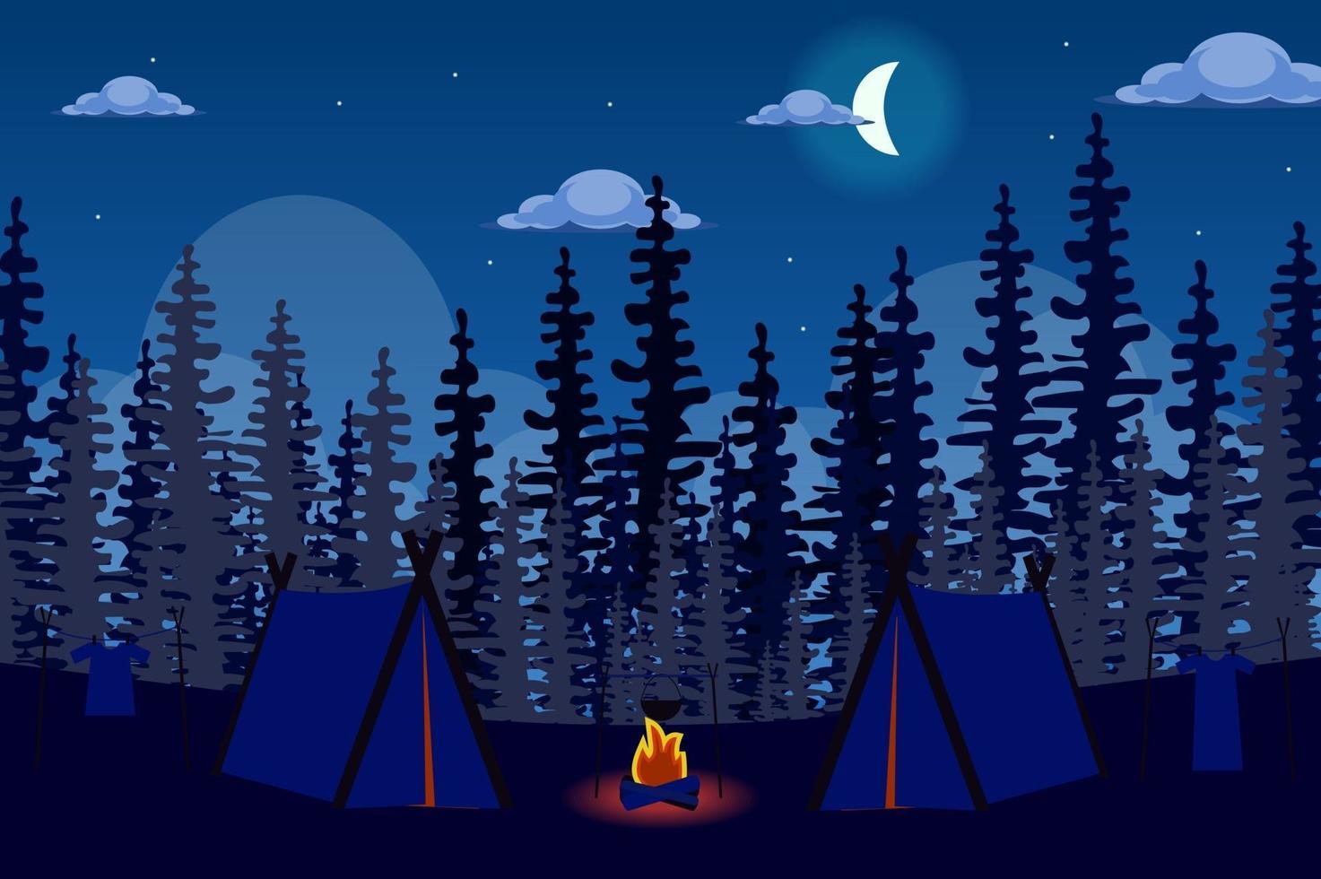 Tent camp and bonfire in forest at night landscape background in flat style vector