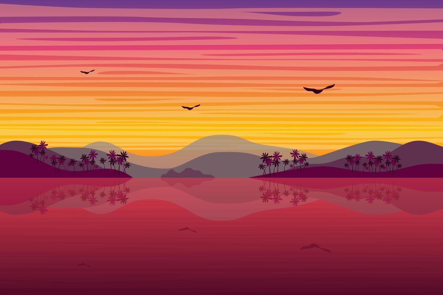 puesta de sol sobre fondo de paisaje de isla tropical en estilo plano vector