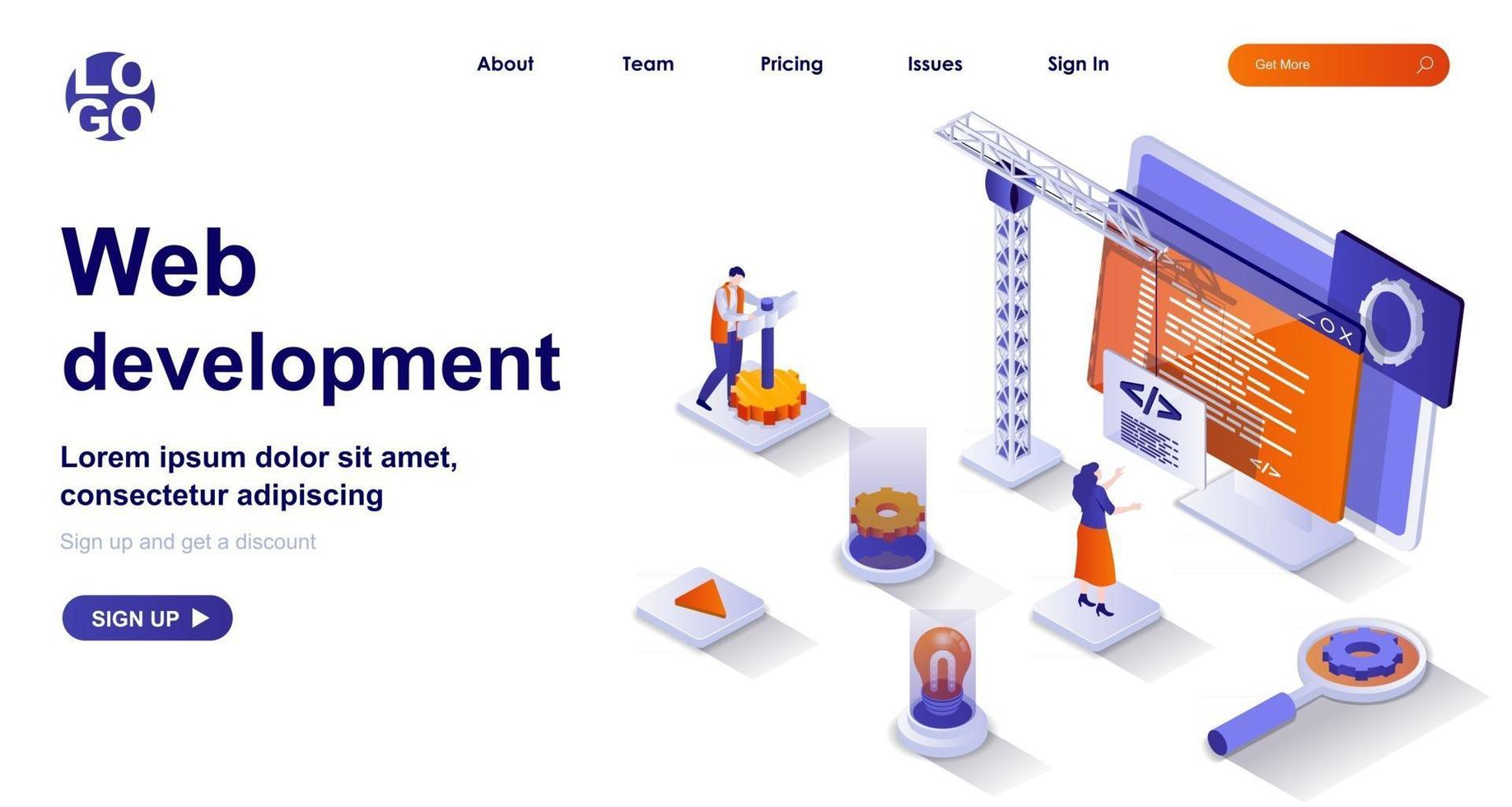 Web development isometric landing page. Development of interface site code isometry concept vector