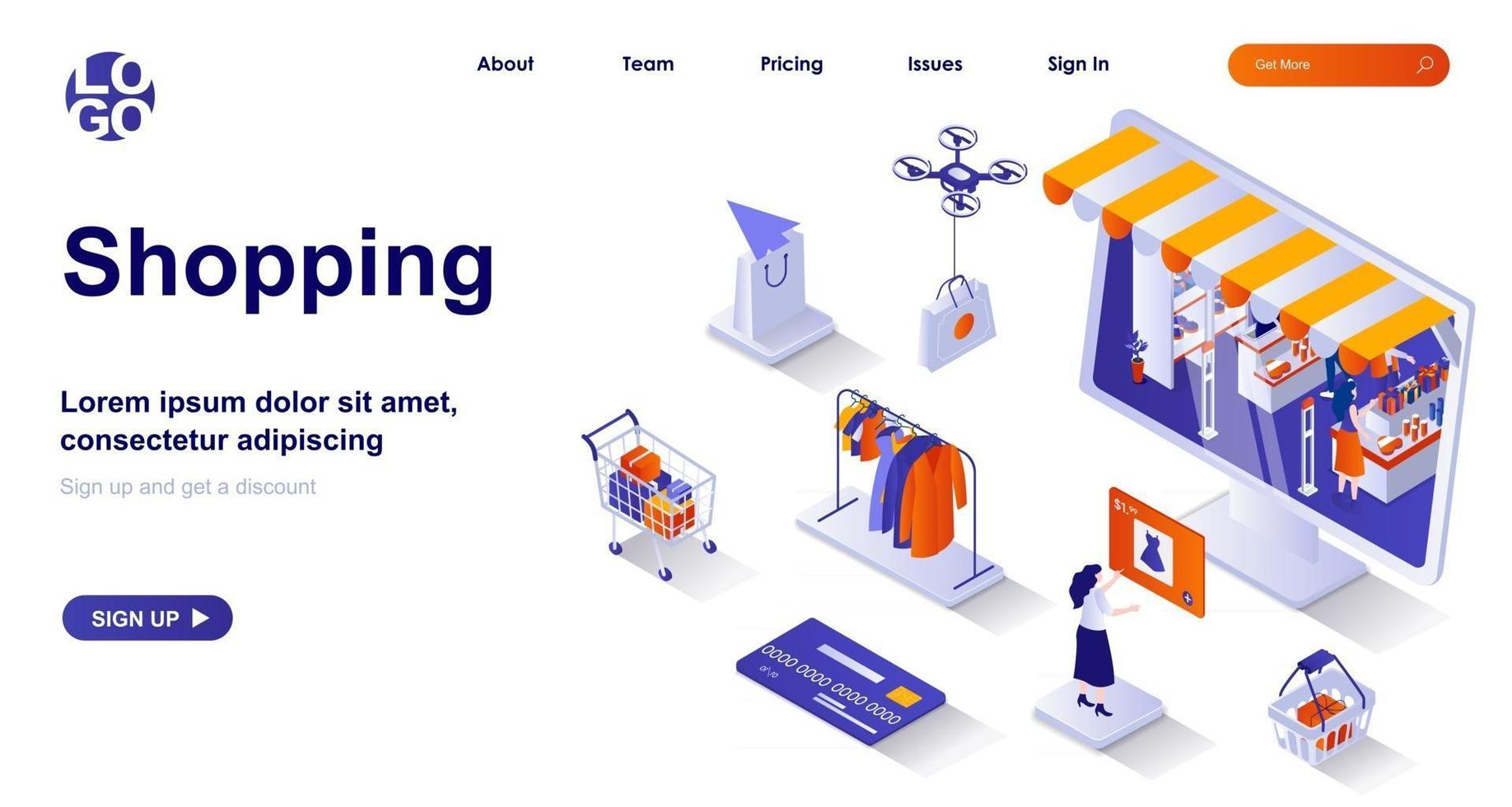 Shopping isometric landing page. Buyer buys retail or online isometry concept vector