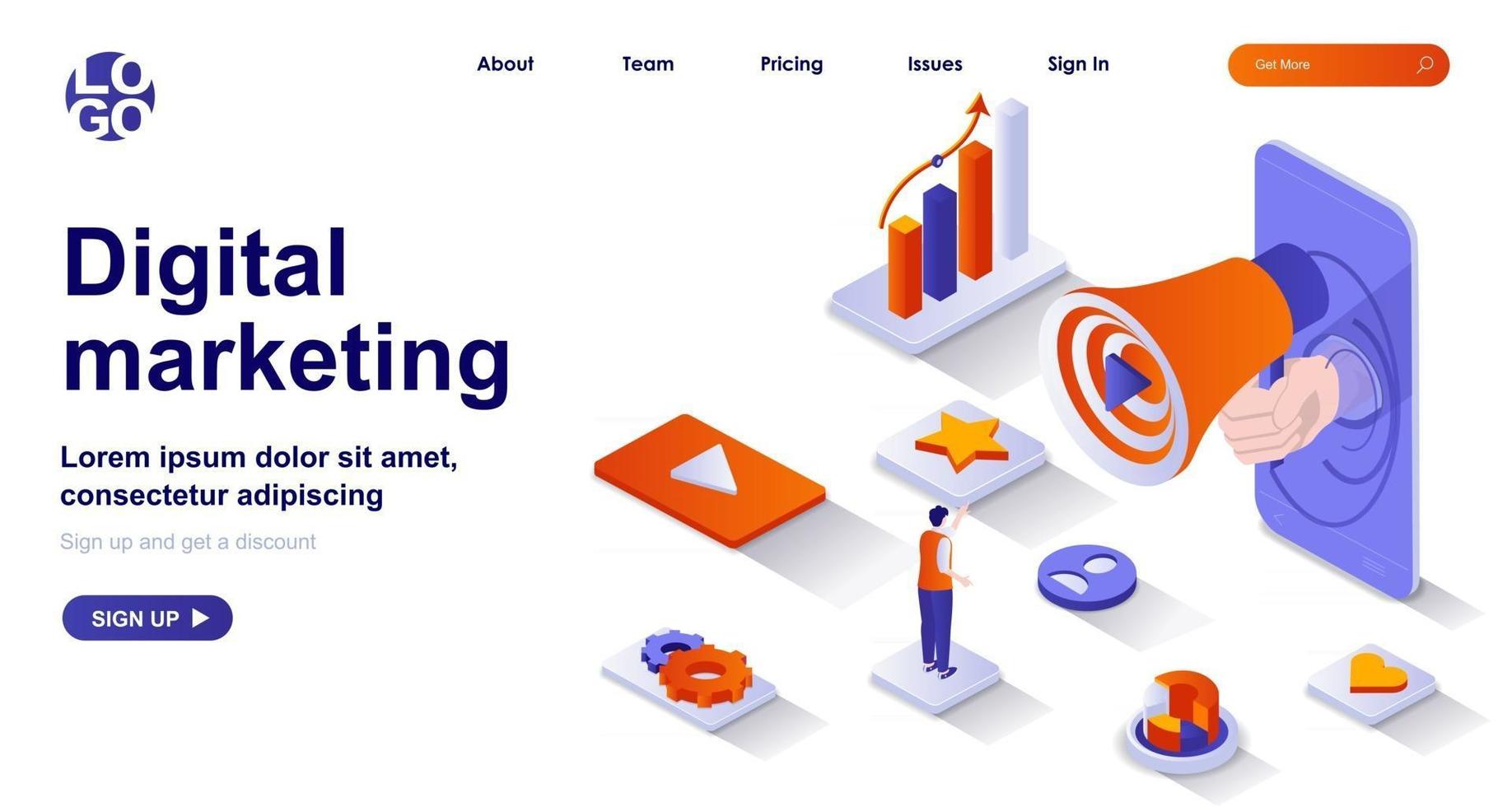 página de inicio isométrica de marketing digital. concepto de isometría de promoción de publicidad en línea vector