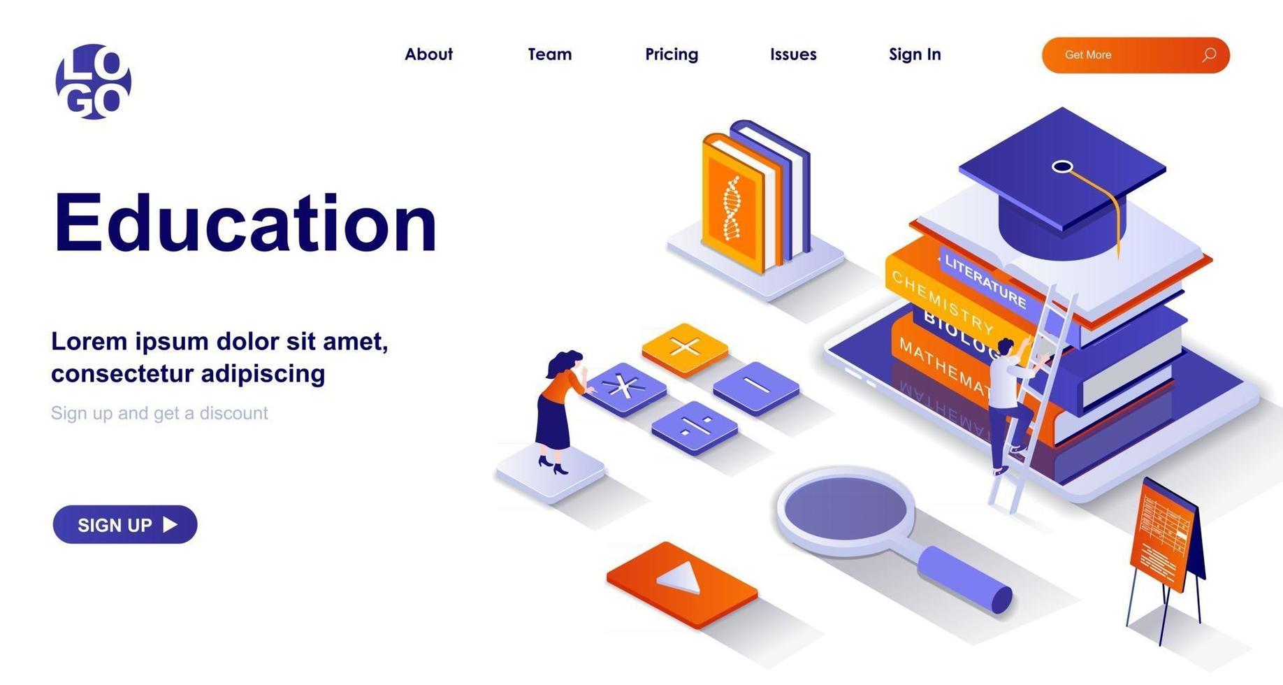 Education isometric landing page. Studying at school or university isometry concept vector