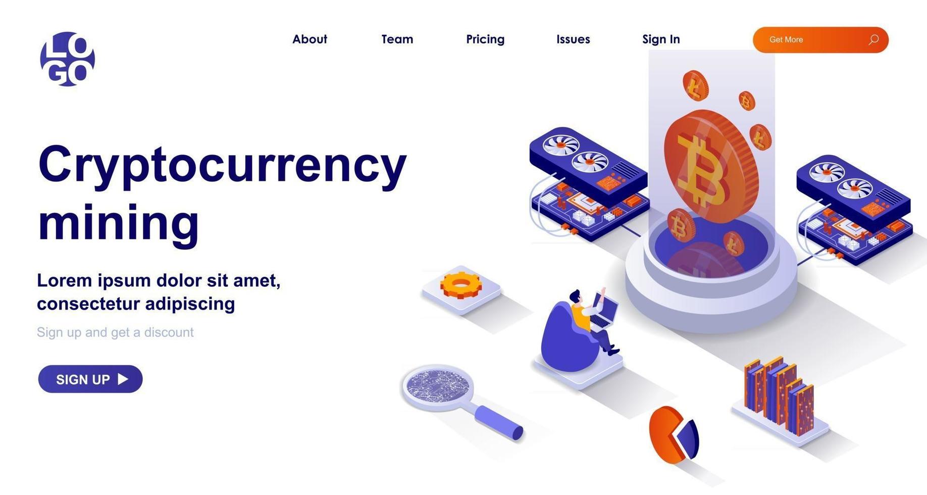 Cryptocurrency mining isometric landing page. Miner makes electronic money isometry concept vector