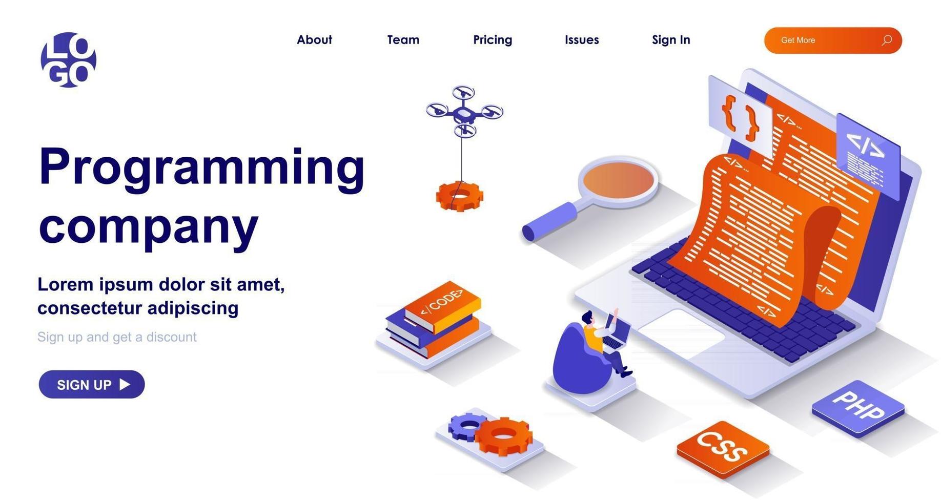 Programming company isometric landing page vector