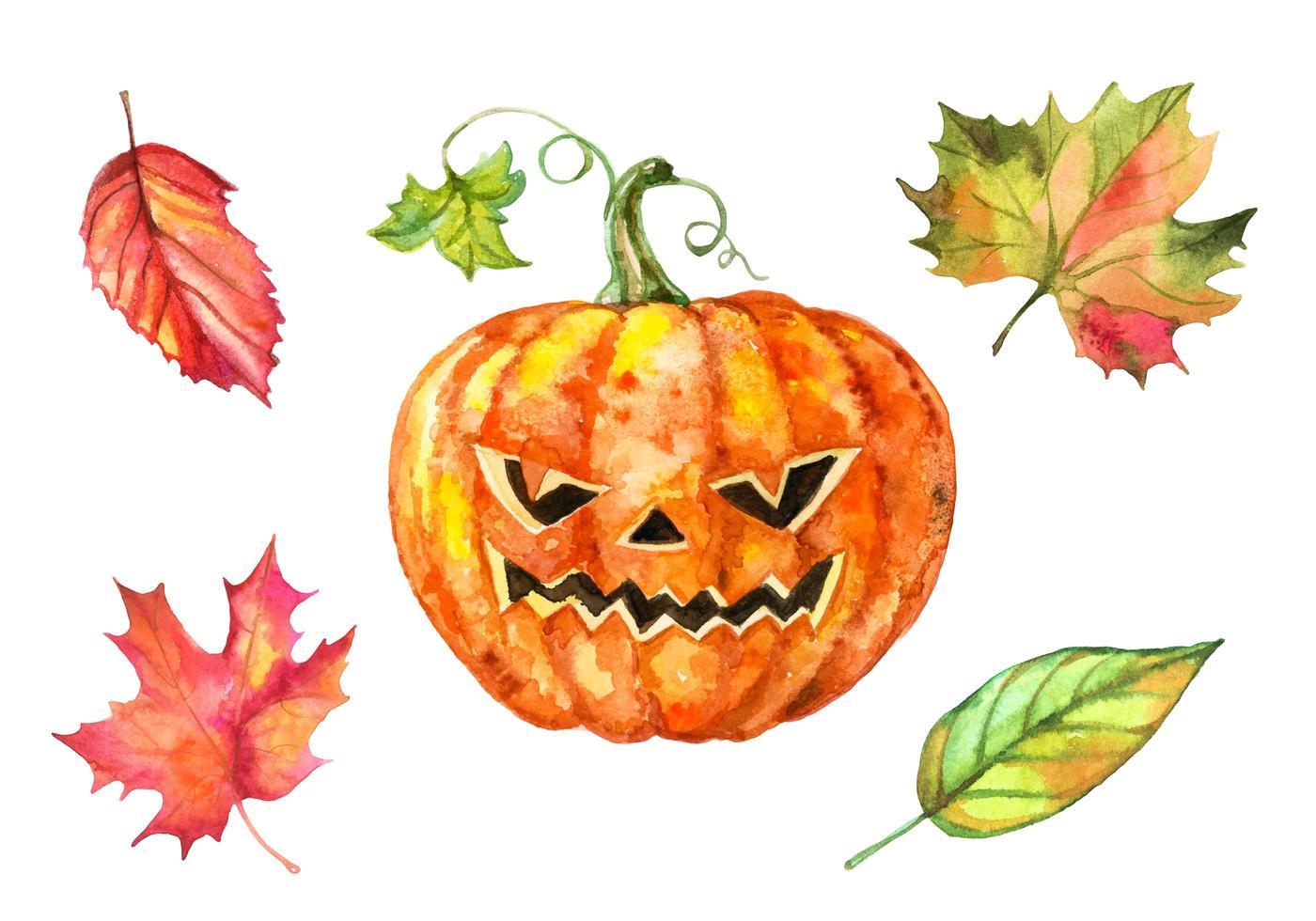 Set of watercolor elements for Halloween. Pumpkin and autumn leaves. Vector