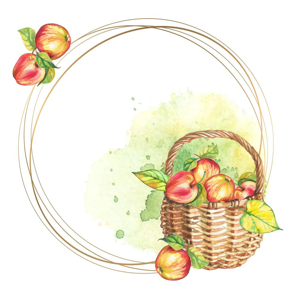 Round frame with basket of apples. Watercolor. Vector