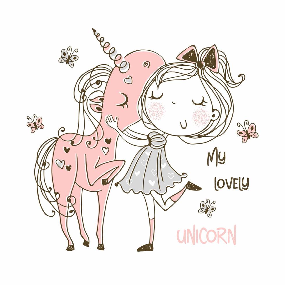 Sweet girl with a magical unicorn. Vector