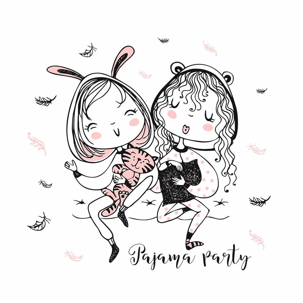 Cute girls in pajamas have fun at a pajama party. Vector. vector