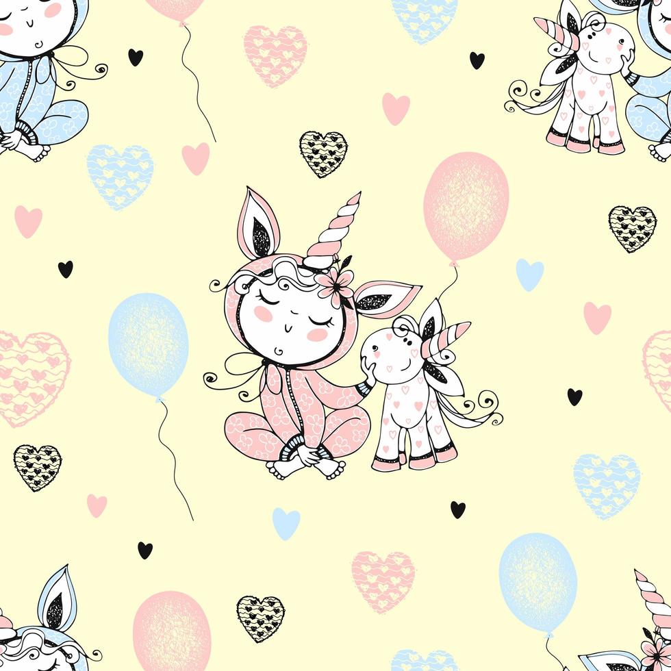 Seamless pattern with a cute baby in pajamas with his toy unicorn and balloons. Vector