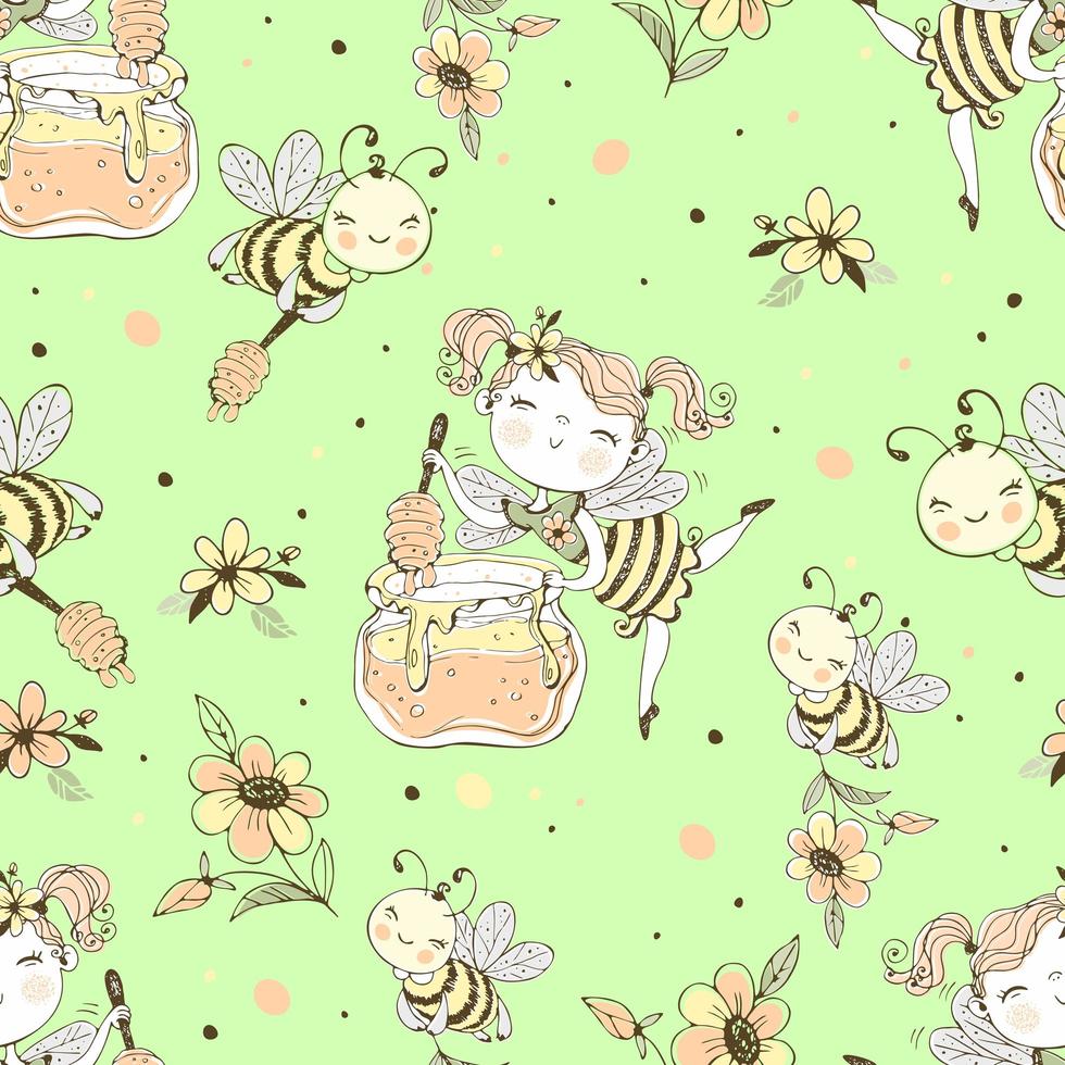 Seamless pattern with flower fairy and honey bees. Vector