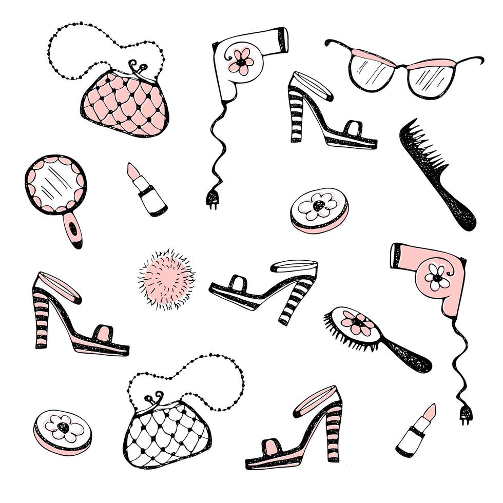 Set of women's accessories, cosmetics. Vector illustration.
