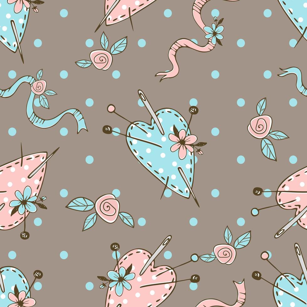 Seamless polka dot pattern on the theme of needlework with cute sewn hearts pillows for needles. Vector