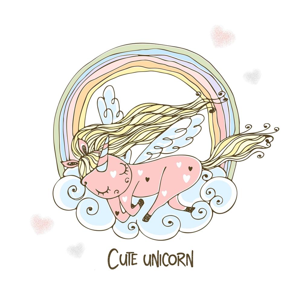 A cute unicorn with wings sleeps sweetly on a cloud with a rainbow. Vector