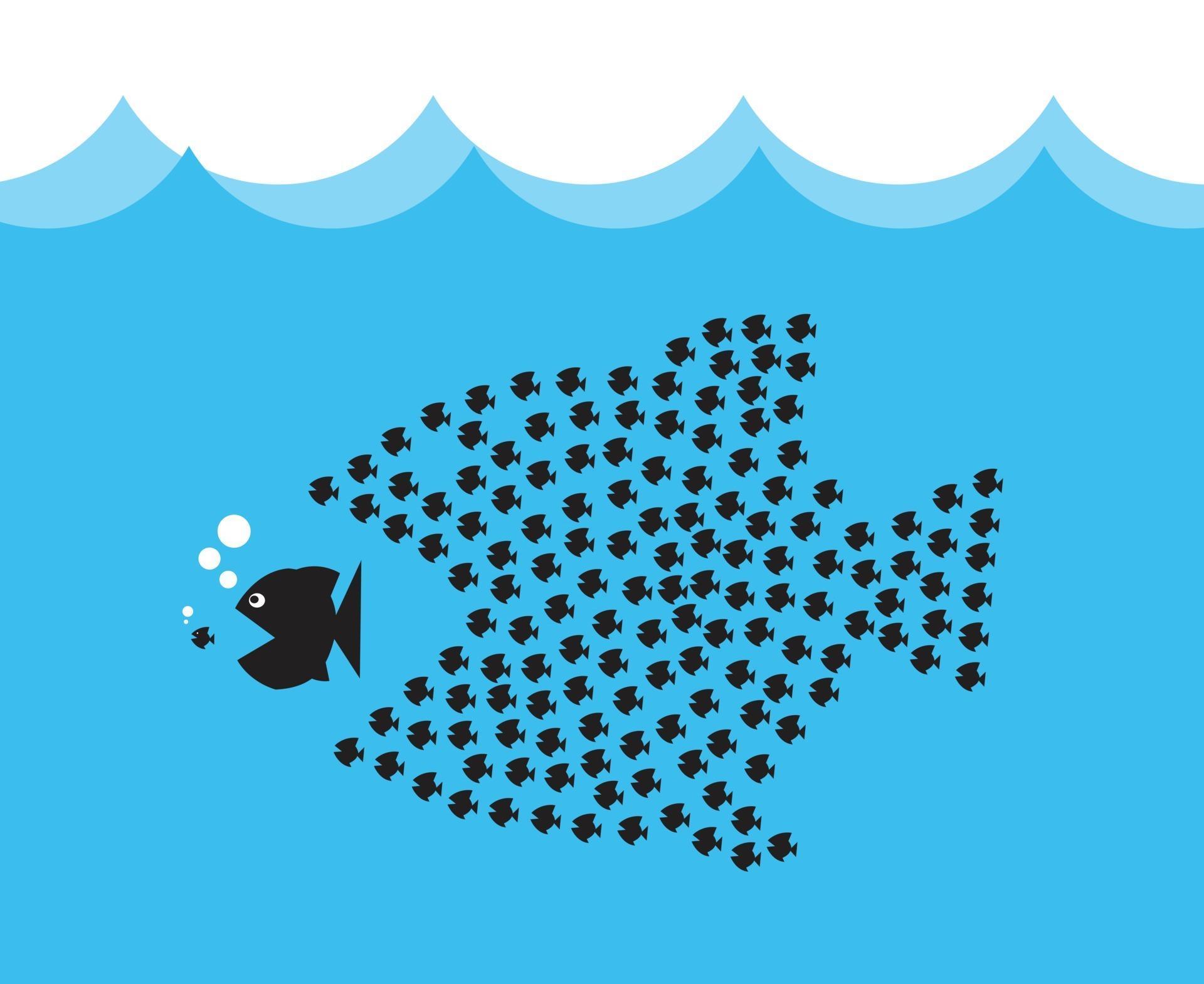 Little Fish Eat Big Fish. Unity, Teamwork, Organize Concept. Fishes