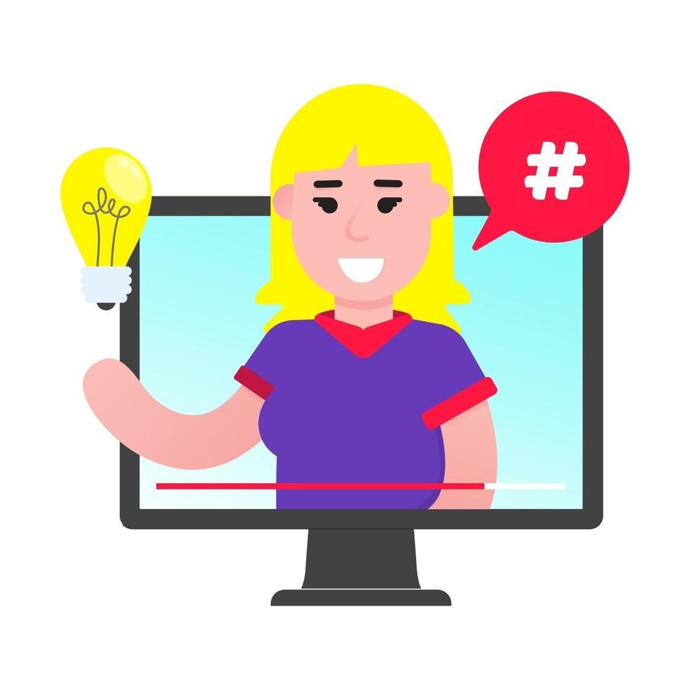 Female young boy blogger on the video screen Social media videoblogging do some content on the video site flat style design vector illustration isolated on white background Social marketing tutorial