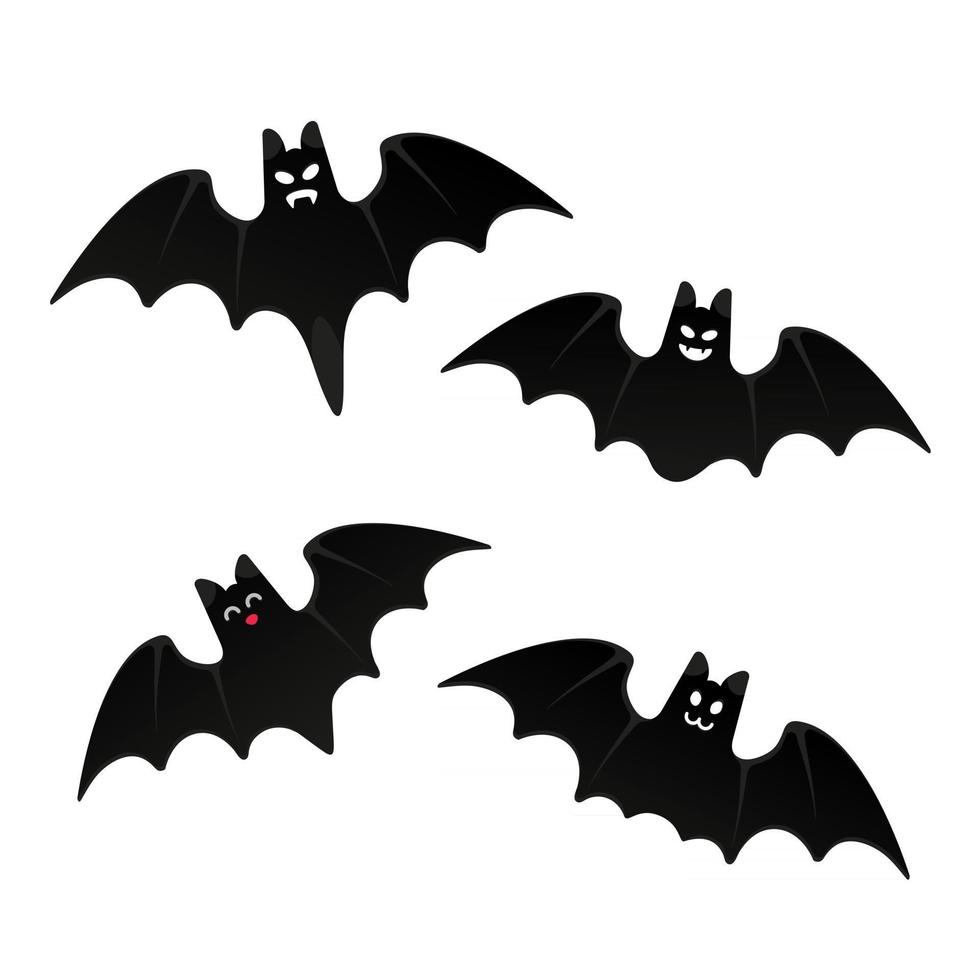 Halloween flying bats set  with scary face flat style design vector illustration isolated on white background. Halloween celebration symbols.