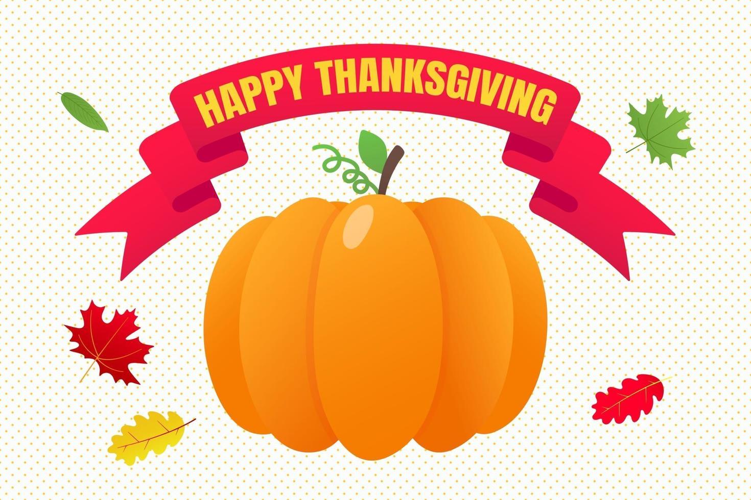 Happy thanksgiving day flat style design poster vector illustration with big pumpkin, text and autumn leaves. Celebrate the holidays