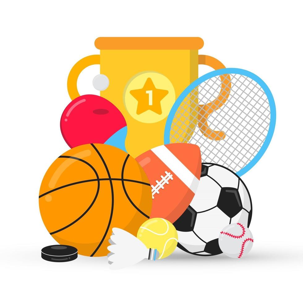 Composición de juegos deportivos con pelotas: fútbol, fútbol, baloncesto. Copa de trofeo de tenis y raqueta de ping pong, disco, etc. Ilustración de vector de diseño de estilo plano de equipamiento deportivo aislado en blanco.