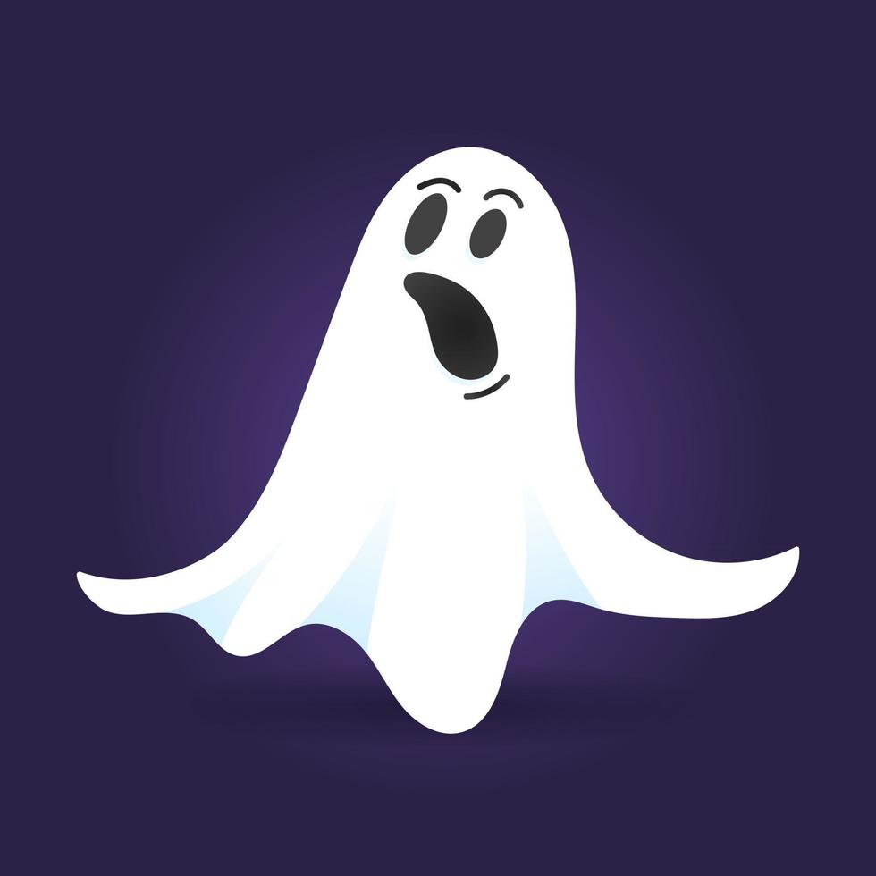 Ilustración de vector de diseño de estilo plano de personaje fantasma lindo aislado sobre fondo oscuro. símbolo espeluznante de abucheo de halloween volando sobre el suelo.