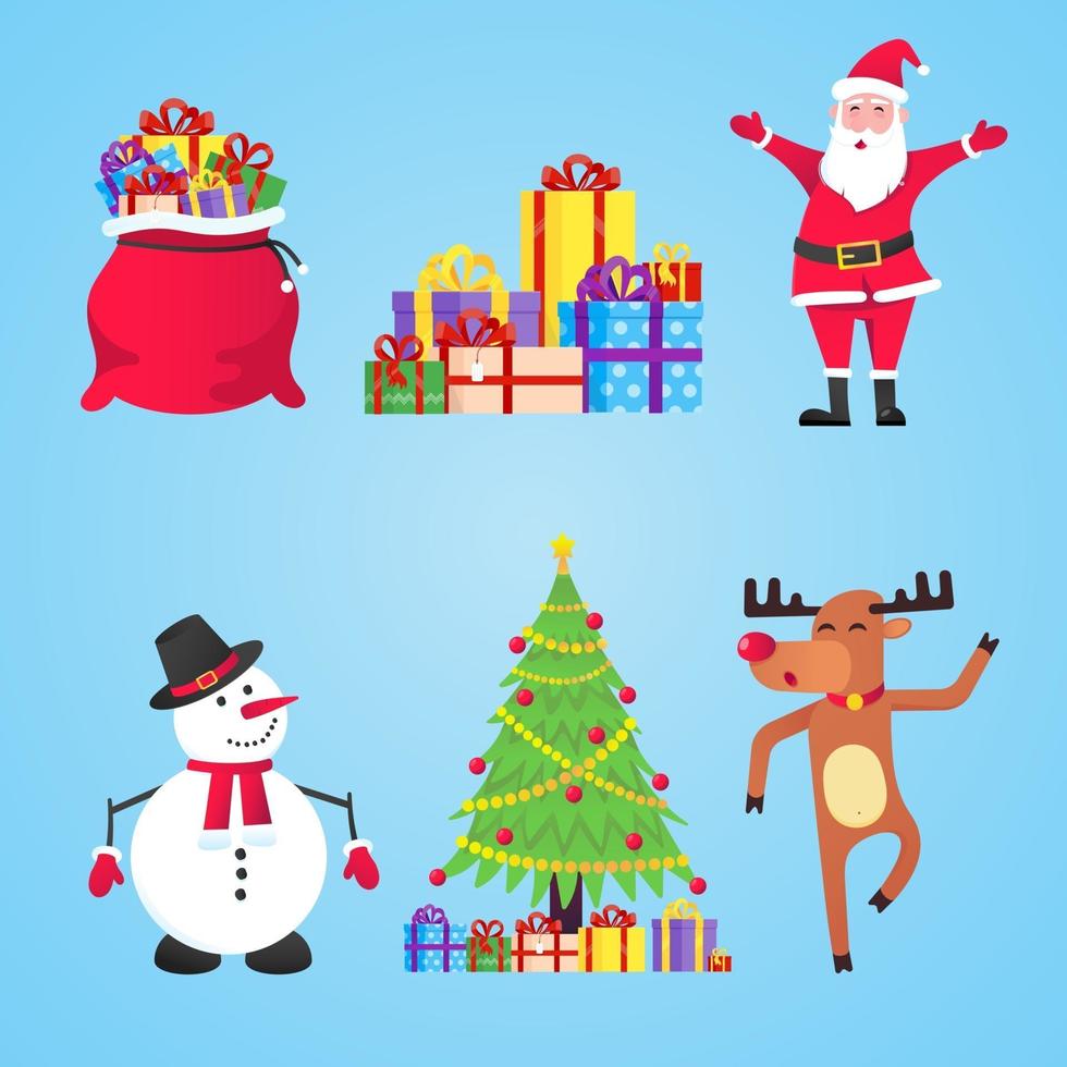 santa claus, bolsas de regalo con regalos, muñeco de nieve, árbol de navidad, renos vector