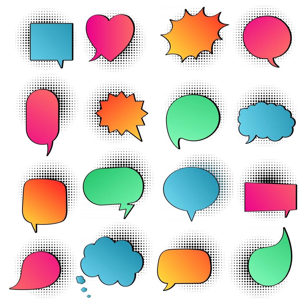 16 Speech bubbles flat gradient style design on halftone no text love, yes, like, lol, cool, wow, boom, yes... hand drawn comic cartoon style set vector illustration isolated on white background.
