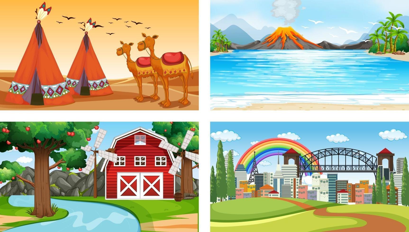Four different scenes with various animals cartoon character vector