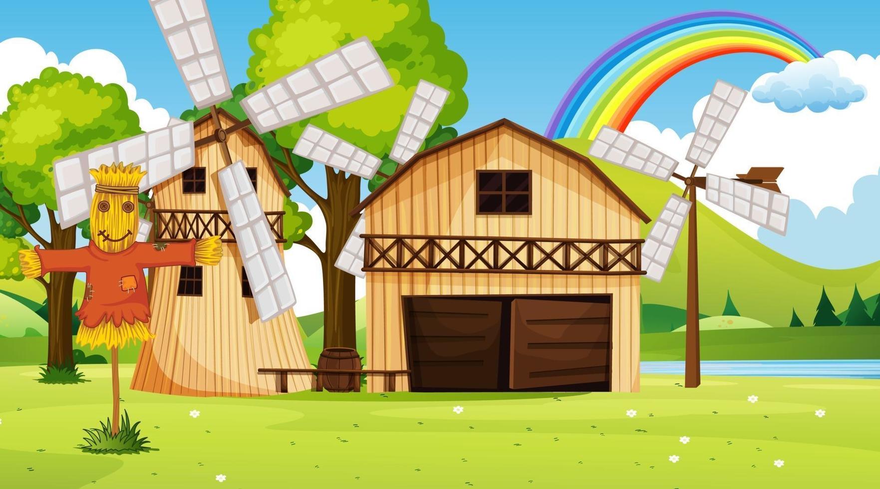 Farm landscape scene with barn and windmill vector