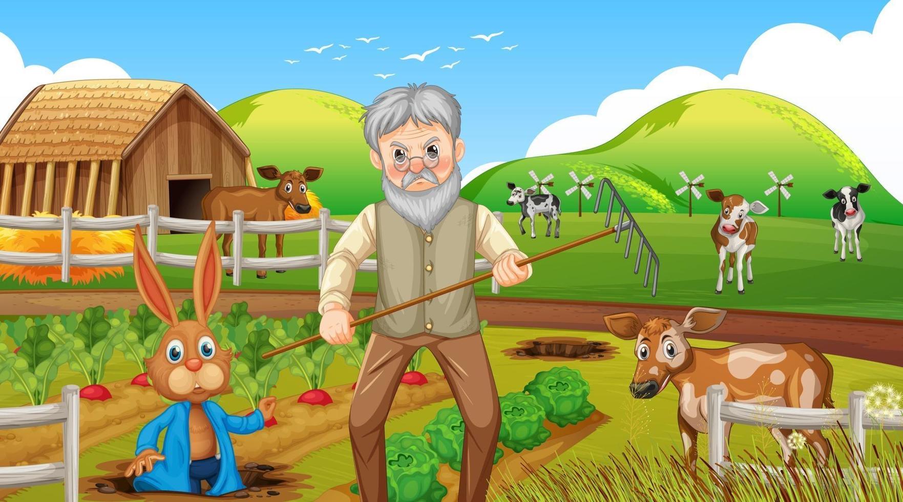 Farm at daytime scene with old farmer man and farm animals vector