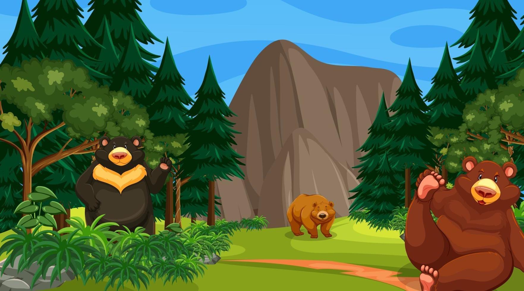 Diferentes osos en el bosque o la escena de la selva tropical con muchos árboles. vector