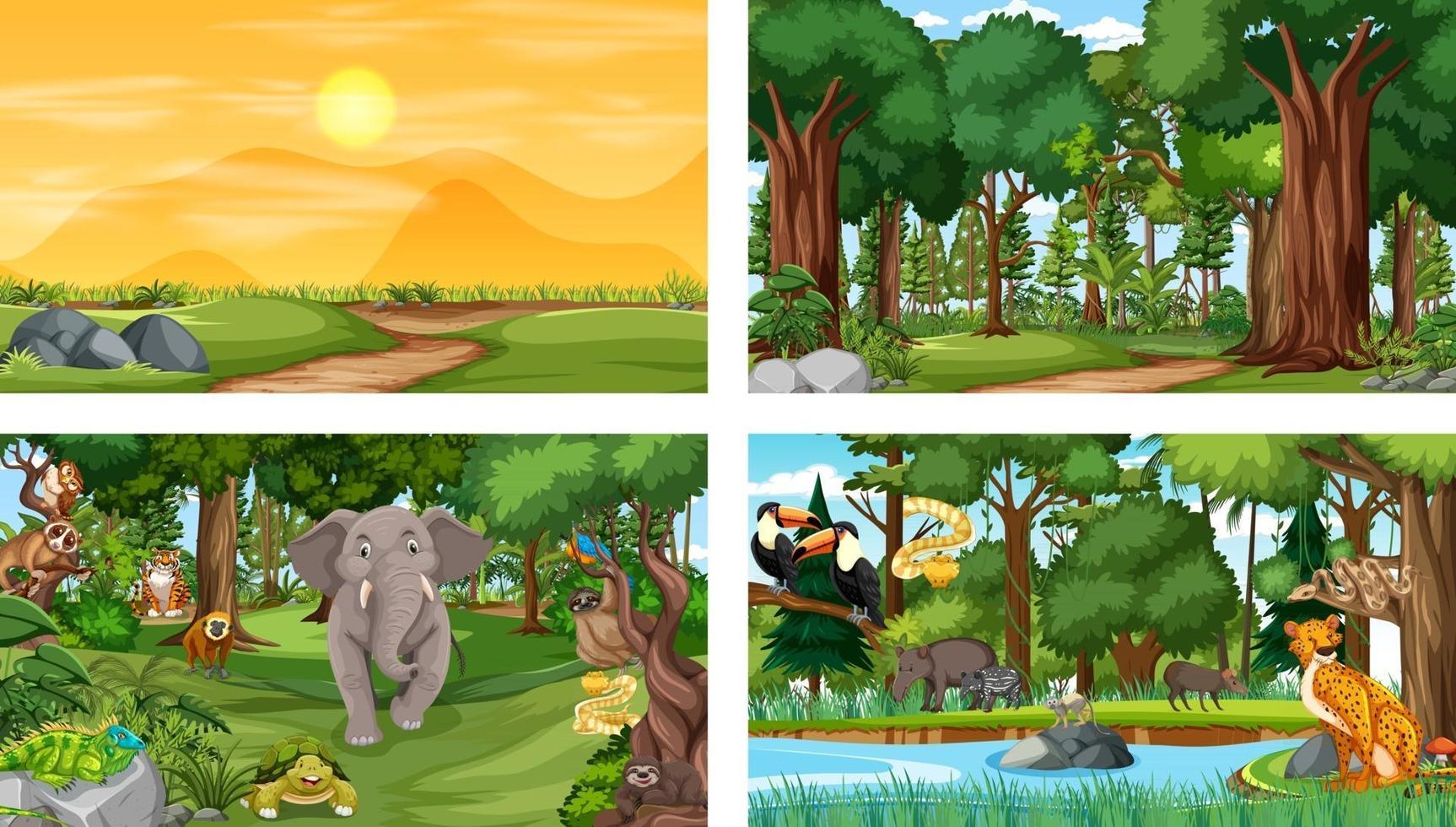 Set of different forest horizontal scene with various wild animals vector