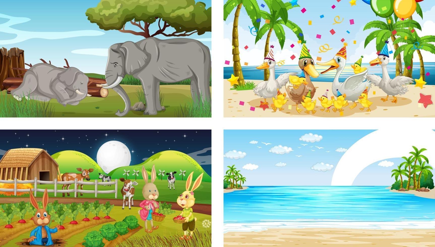 Four different scenes with various animals cartoon character vector