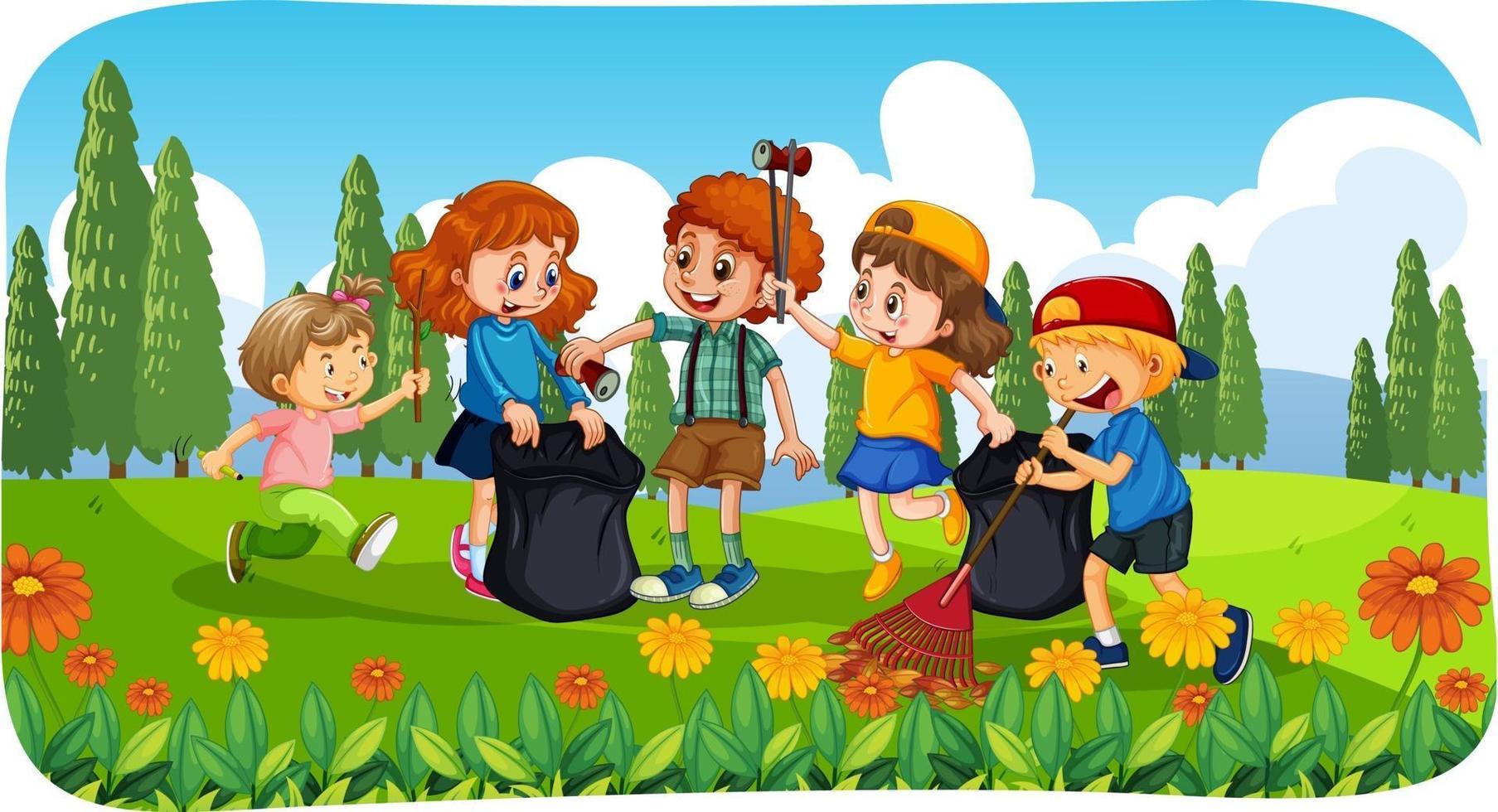 Escena del parque con un grupo de niños limpiando el parque. vector