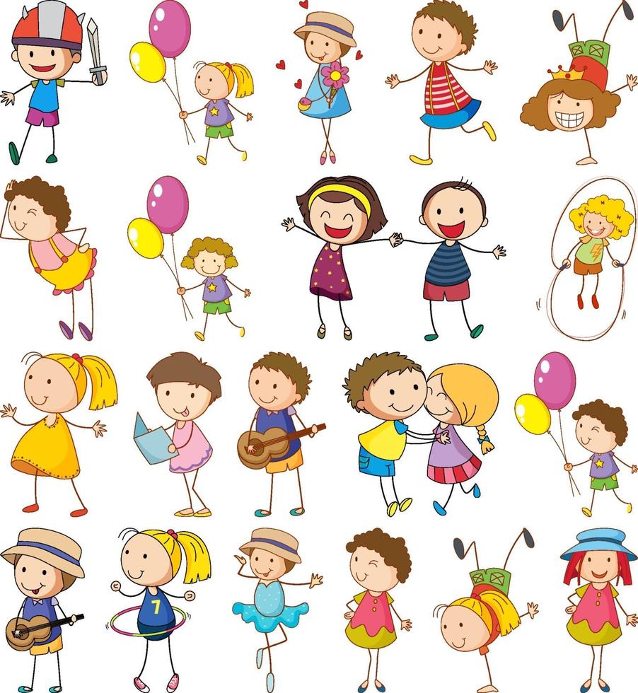 Set of different doodle kids cartoon character isolated vector