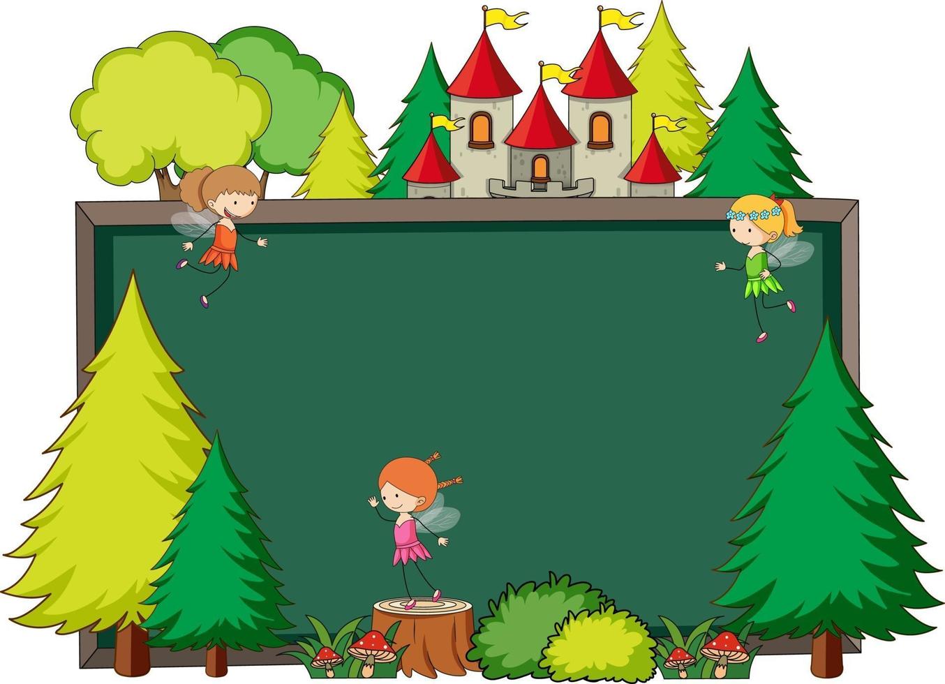 Empty chalkboard banner with fairy tale cartoon character and elements isolated vector