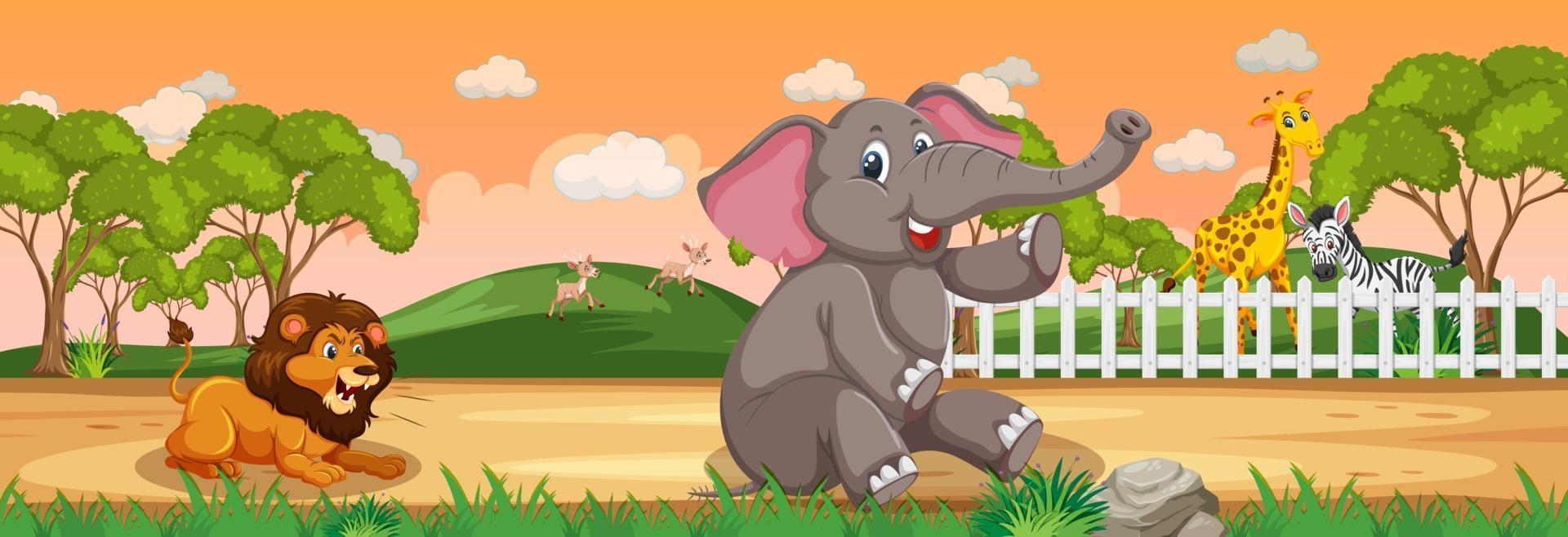 Forest panorama at daytime scene with various wild animals vector